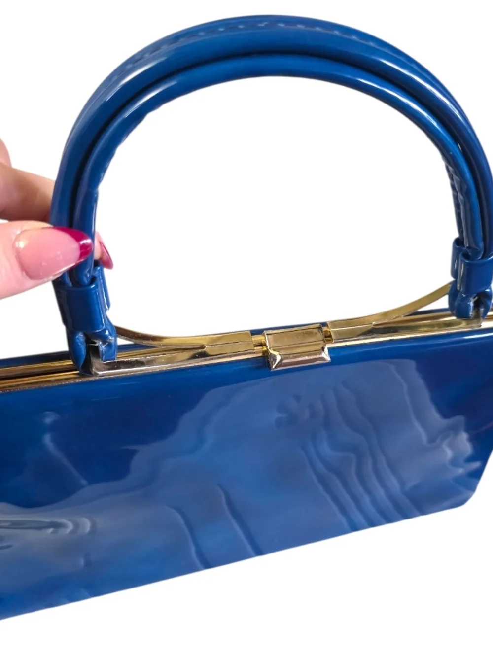 Vintage 1960s Dover Royal Blue Patent Leather Satchel Rare Structured Handle Top